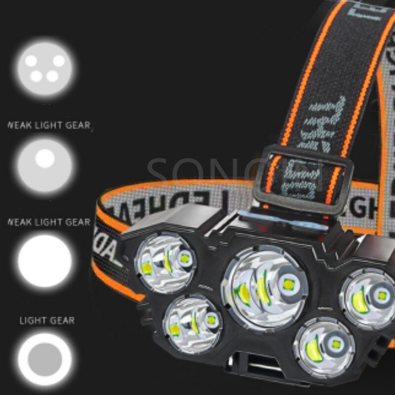 USB 내장 충전식 헤드 손전등, XPE 5 LED 헤드라이트, 장거리 랜턴, 8000LM, 20W, 강력한 LED 헤드램프