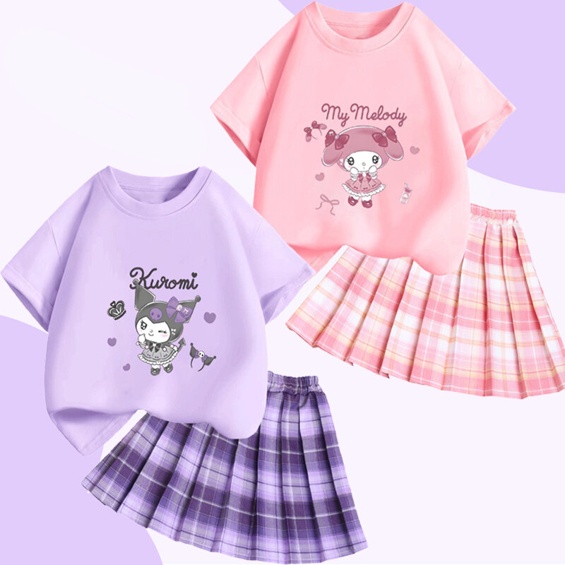 Camiseta estilo escolar Hello Kitty feminina, conjunto de saia curta, tops plissados, minha melodia, Sanrio, Kuromi, verão, presente