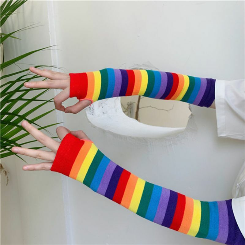Regenboogarmmouwenwarmers Kleurrijk gestreept vingerloze handschoenen Duimgat