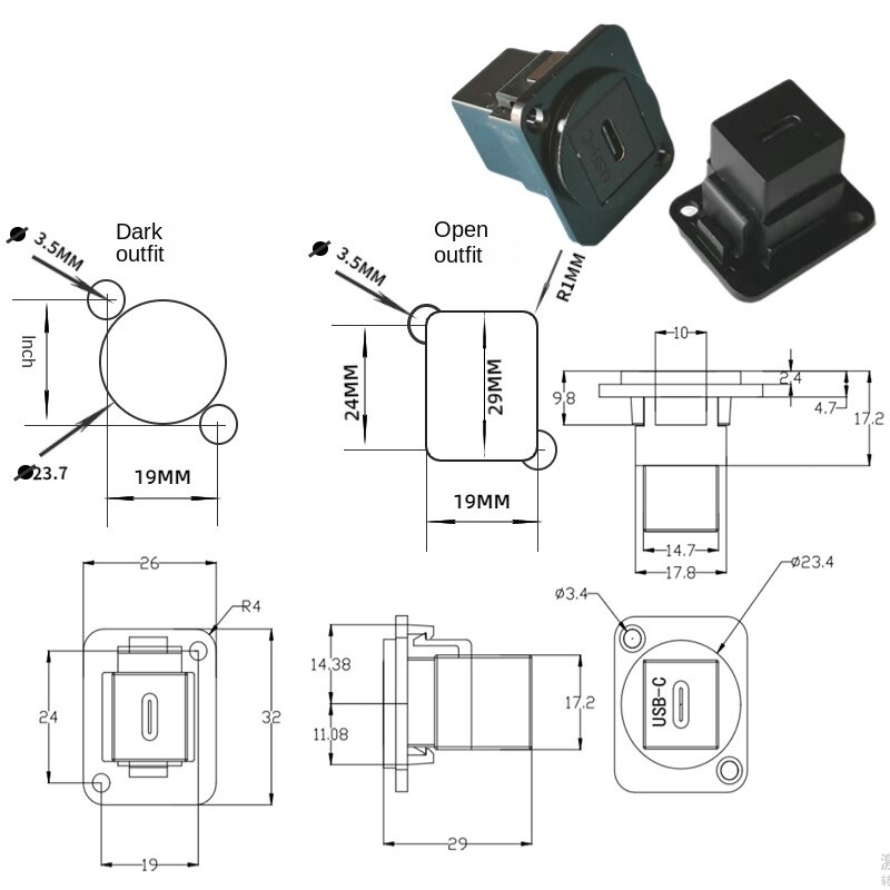 Rosca interna tipo D C a rosca interna, junta a tope recta con tornillo, adaptador de panel fijo, módulo de conector negro y plateado