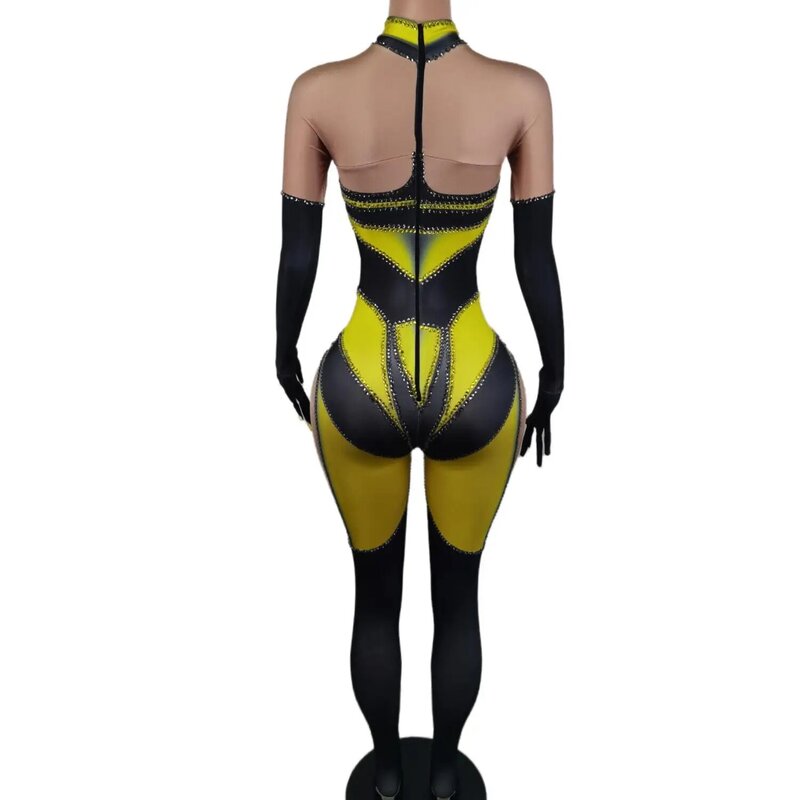 Black Yellow Rhinestones Jumpsuit Sexy Pole Dance Performance Clothes Nightclub Stretch Bodysuit Drag Show Costume Dahuangfeng