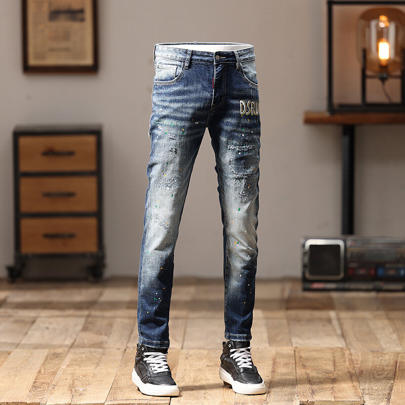 Retro Nostalgic Jeans Men's Ripped Embroidered Design Casual All-Matching Slim Fit Skinny Fashion Street Motorcycle Pants