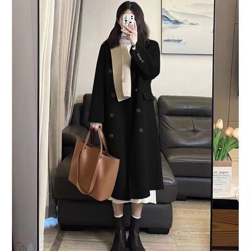 Женская Длинная шерстяная ветровка, свободная модная однобортная куртка в Корейском стиле с лацканами, теплые женские пальто на осень и зиму