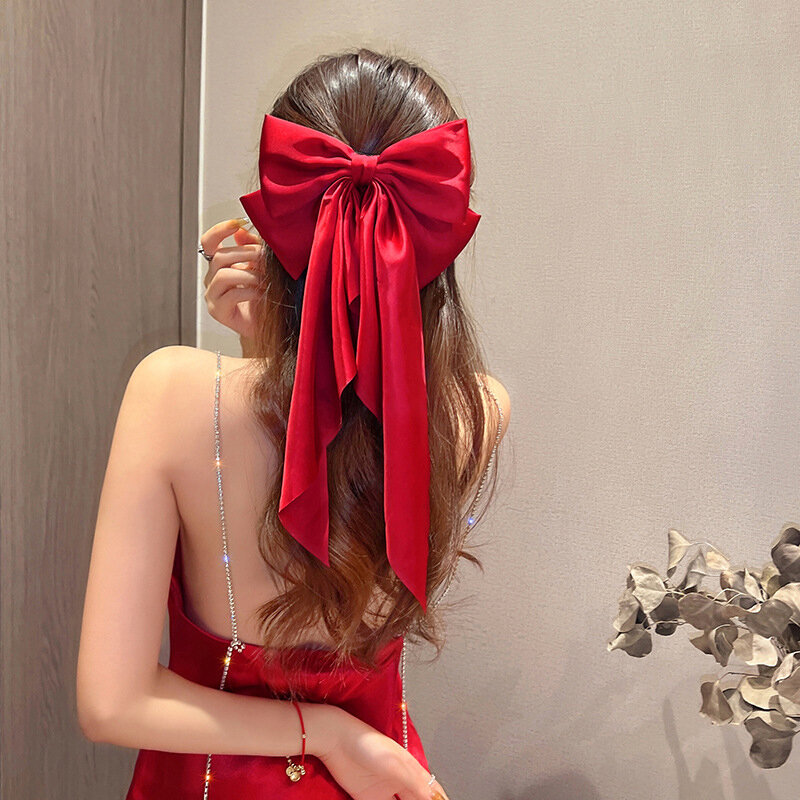 Elegante Rode Streamer Grote Strik Lint Haarclip Voor Vrouwen Mode Eenvoudige Effen Satijnen Paardenstaart Strik Haarspeld Meisjes Haaraccessoires