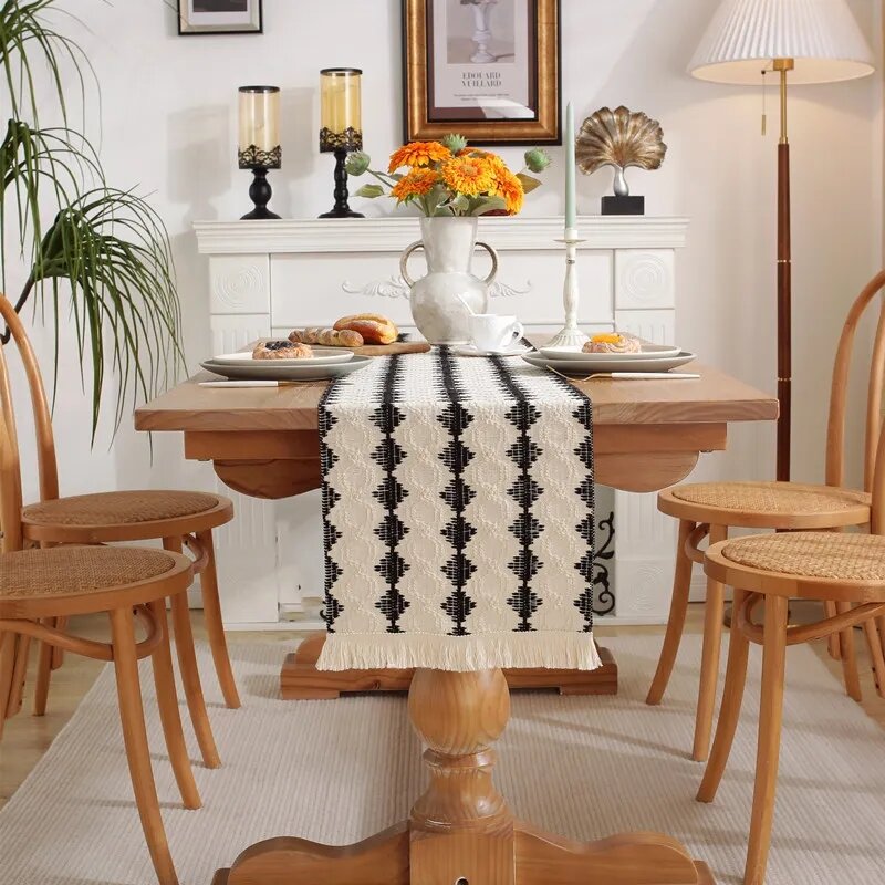 Camino de mesa con borlas a juego de Color negro, estampado a rayas, Algodón puro, decoración del hogar, nuevo