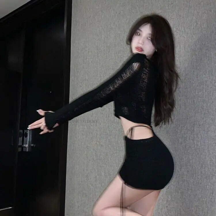 Conjunto de saias de quadril preto estilo coreano feminino, irregular, sexy, magro, festa, clube, design oco