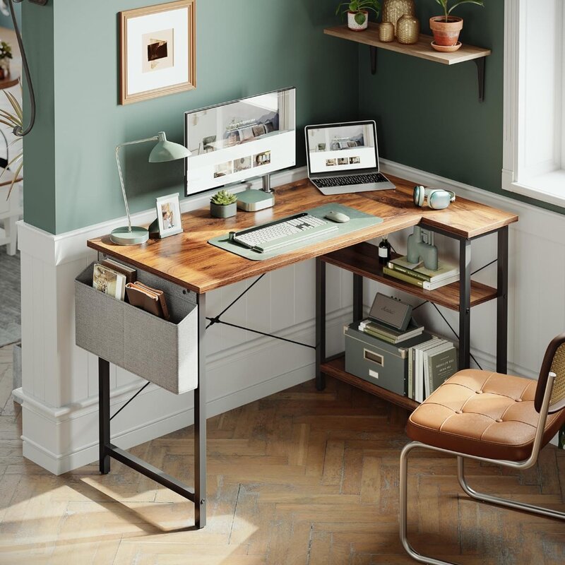 L-образный компьютерный стол с полками для хранения, угловой стол для дома и офиса, письменный стол для учебы, темно-коричневый