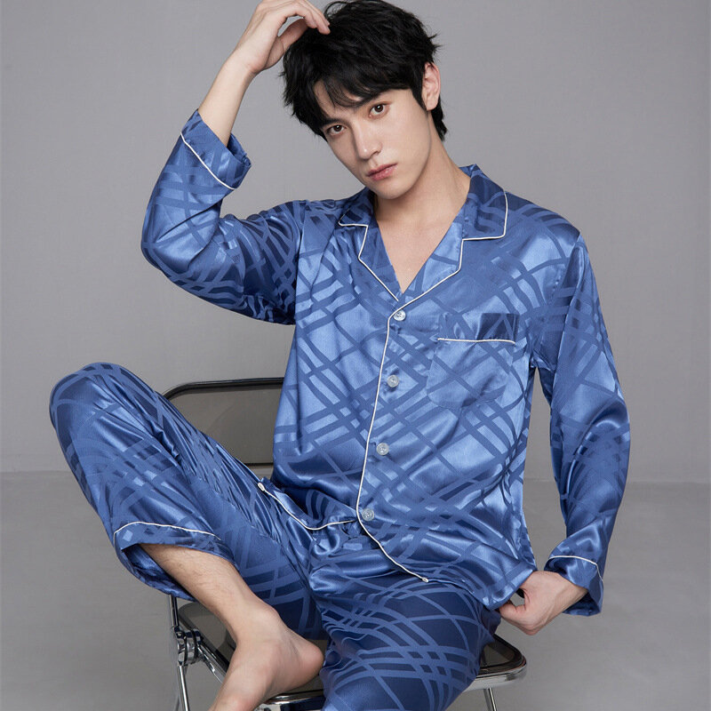 Print Plaid Sleepwear Pijamas Spring Autumn Men Pajamas Set Long Sleeve Trouser Suit Loose Casual Satin Homewear Loungewear