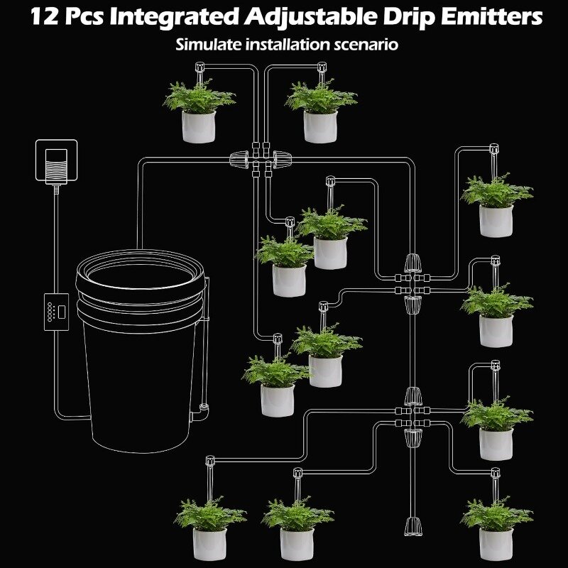 Sistema de rega automático inteligente, 12 emissores de gotejamento, tubos de gotejamento para plantas de interior, gramado, estufa, 65 pés, 20m