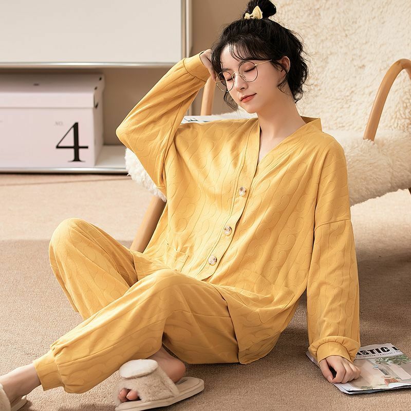 SUO & CHAO – ensemble pyjama à imprimé dessin animé pour femmes, col en v, haut à manches longues, pantalon Long, chemise de nuit, vêtements de maison