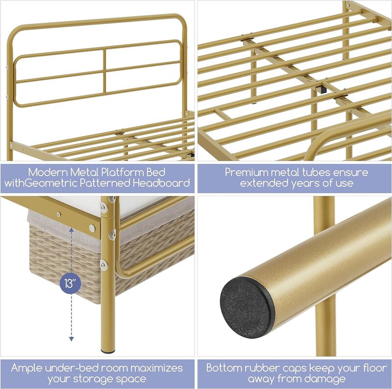 O quadro da cama da plataforma do metal com cabeceira modelada, fácil montam, armazenamento underbed, nenhuma caixa, mola necessária, completa, 13 em