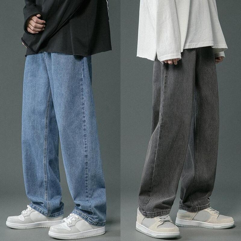 Jeans de pernas retas masculino com bolsos, estilo hip-hop, calças de pernas largas, clássico, monocromático, casual, primavera