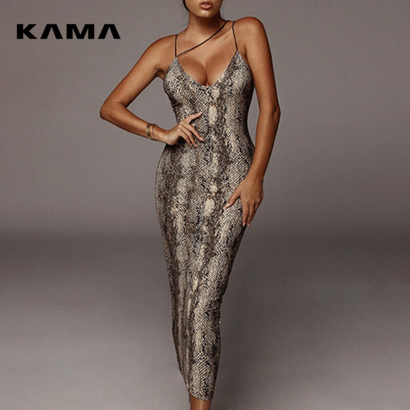 KAMA-vestido Midi Sexy con estampado de leopardo para mujer, ropa de calle sin mangas con cuello en V, trajes de fiesta de Navidad, Primavera