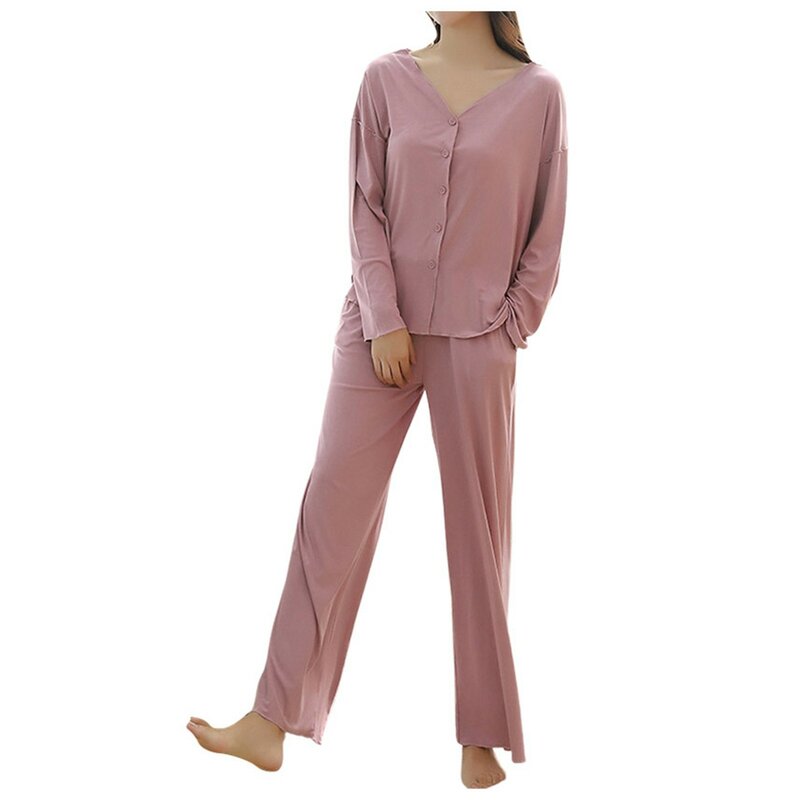 Conjunto de ropa para el hogar para mujer, Top y pantalones de manga larga con botones, cuello en V, informal, a la moda, Color sólido