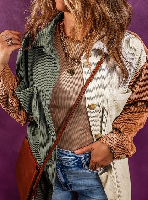 Women's Jacket 2023 Autumn Fashion Colorblock Buttoned Pocket Loose Casual Corduroy Turn-Down Collar Long Sleeve Daily Shacket
