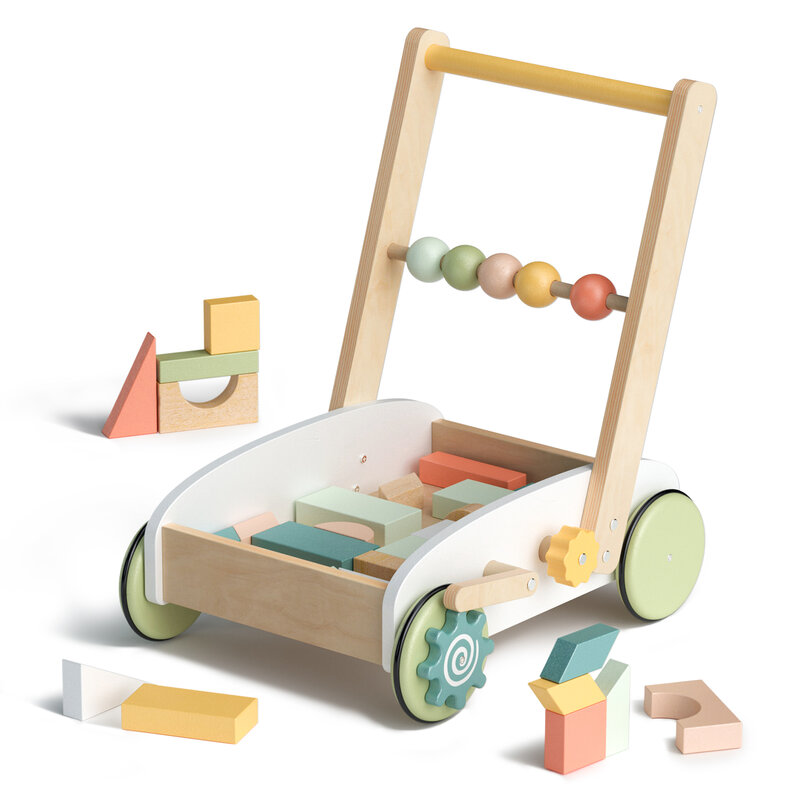 Trotteur en bois avec blocs de construction, jouets à pousser pour bébés apprenant à marcher