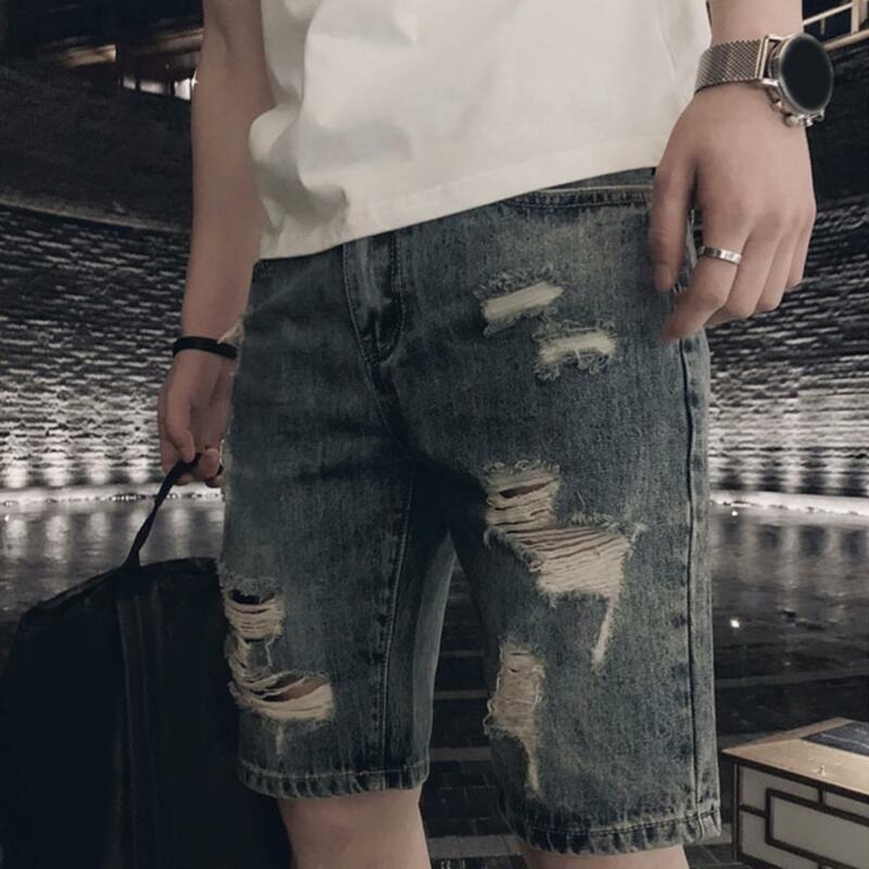 Шорты мужские рваные джинсовые до колена, средняя посадка, карманы, молния, пуговицы, прямые штаны, уличная одежда, лето