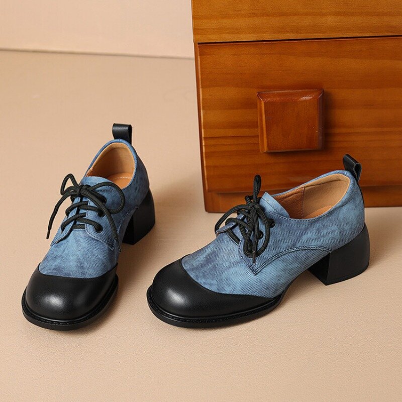 Sepatu wanita kulit asli bertali, SEPATU tunggal ujung bulat sol tebal sepatu lembut serbaguna berpergian kasual