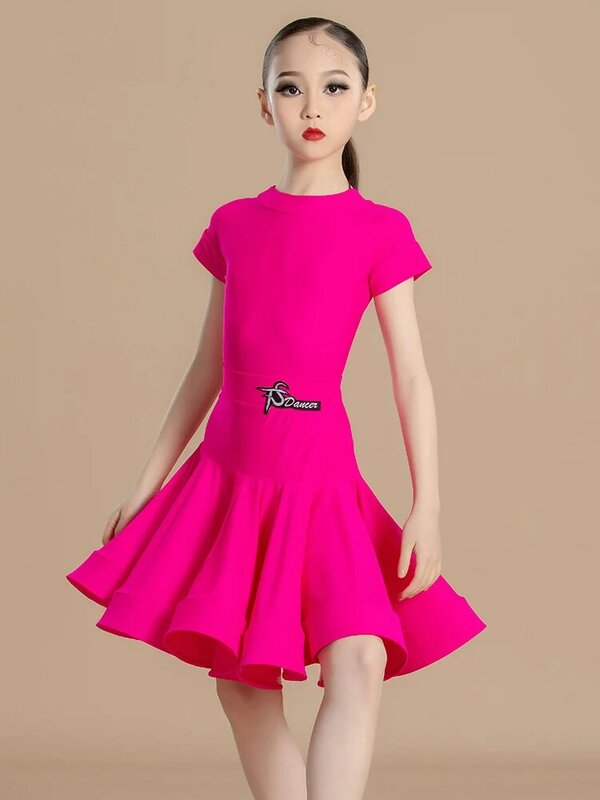 2024 Nowa sukienka do tańca latynoamerykańskiego dla dziewczynek Spódnice z krótkim rękawem Fluorescencyjny garnitur Chacha Rumba Tango Latin Dance Wear DN17902