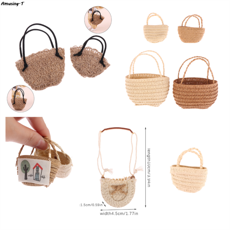 1/12 Dollhouse Woven Shoulder Bag Shopping Straw Crossbody Bags Dollhouse Weaving Beach Bag For Miniature Dolls Decoration