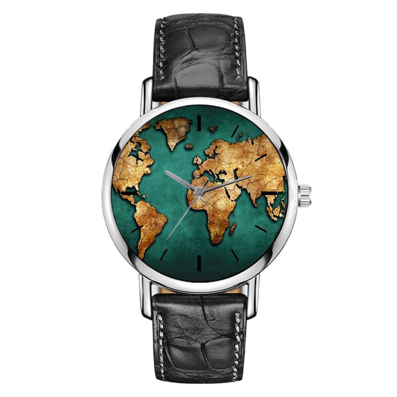Fashion World Map Watch Travel Globe Wrist Quartz Movement Leather Watchband