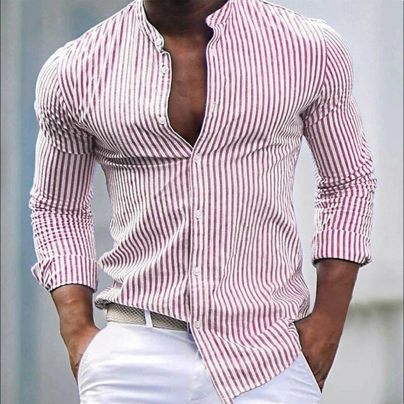 Male Spring And Autumn Simple Striped Printed Shirt Tops Casual Fashionable Standing Collar Long Sleeve Slim Fitting Shirts