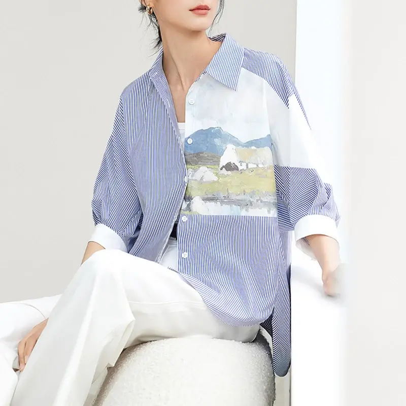 Stripe Women's Shirt Summer Prints Vintage Blouses Loose Short Sleeves Women Tops Fashion Polo-neck Clothing 2024 Korean