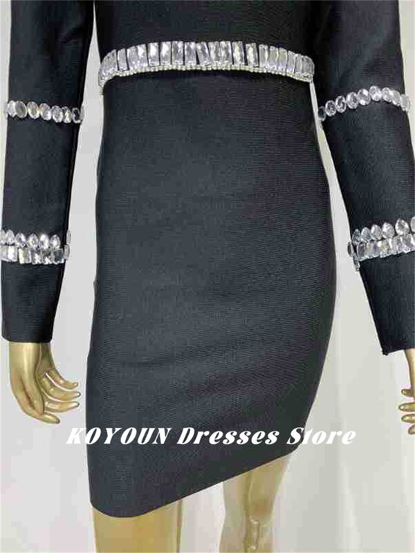 Koyoun-黒のミニカクテルパーティードレス、シースマーメイドイブニングドレス、ハイネック、長袖、クリスタル