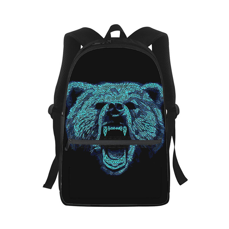 Mochila 3D Animal Print para homens e mulheres, bolsa escolar dos estudantes, bolsa de ombro, bolsa para laptop, viagem, feroz Personalidade, urso, moda