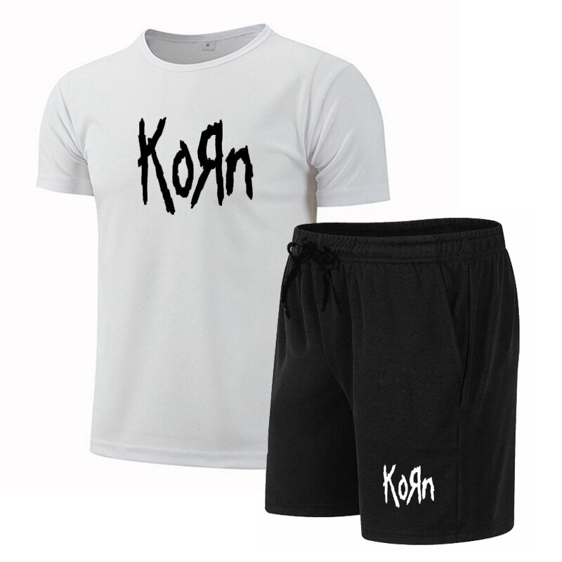 Summer Men's Sportswear KORN Fitness Suit Running Clothes Casual T-shirt + Shorts Sets Breathable 2 Piece Jogging Tracksuit