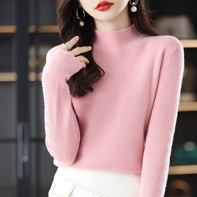 Suéter de lana para mujer, Jersey holgado de manga larga y cuello alto, Top cálido de punto de fondo, 100, otoño e invierno, 022
