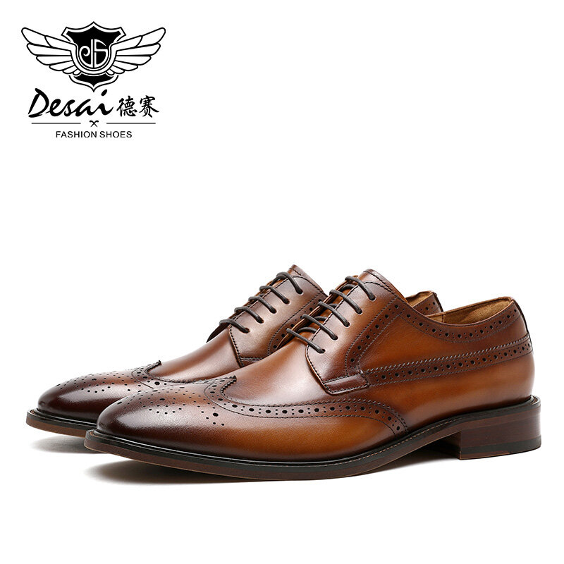 DESAI Genuine Leather Men Shoes Handmade Derby Business Classic Formal Brogue Carved Designer Shoes For Men 2024 New Color