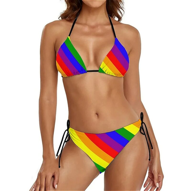 Bikini con estampado de arcoíris para mujer, traje de baño con realce de rayas de colores, conjunto de Bikini de moda, traje de baño Sexy de corte alto