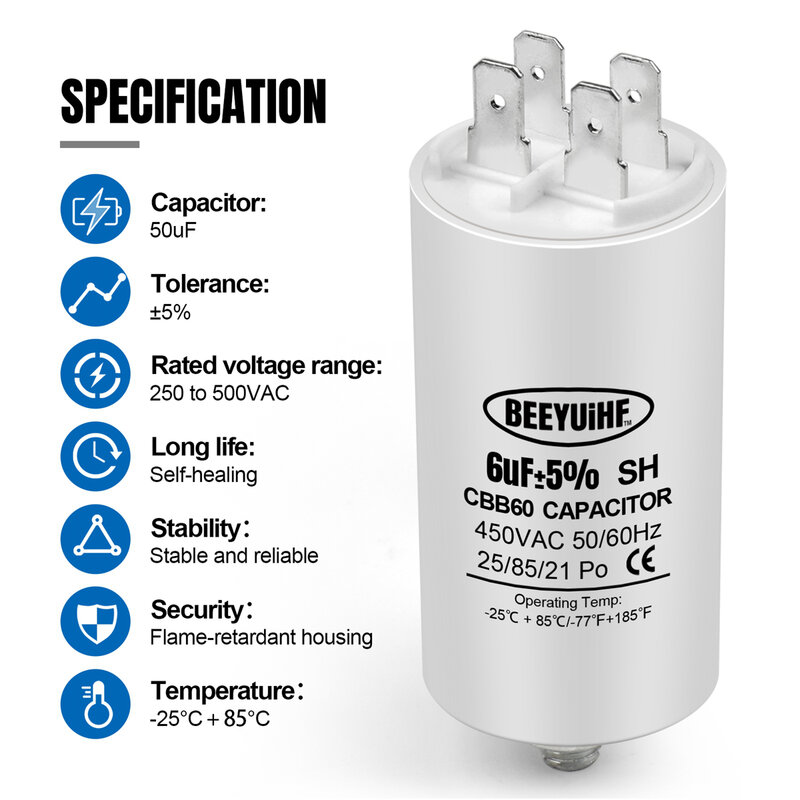 BEEYUIHF-Capacitor de partida, Capacitor Motor, Parafuso M8 para Motor Elétrico, Máquina de lavar, 6uF a 60uF, 50Hz, 60Hz, 450VAC