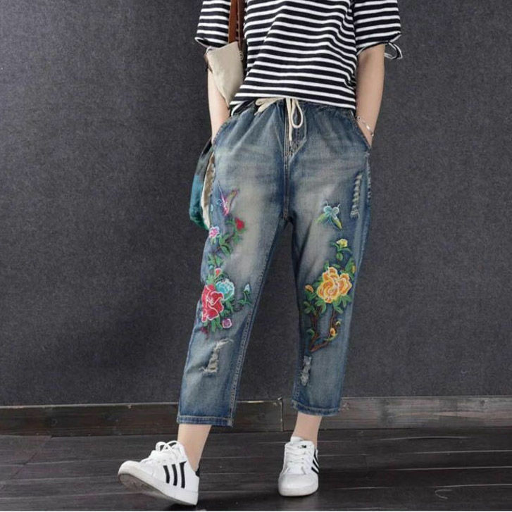 Pantalones vaqueros con bordado de flores para mujer, pantalones de pierna recta, pierna ancha, pierna ancha, moda Harajuku, tendencia informal de calle, cintura alta