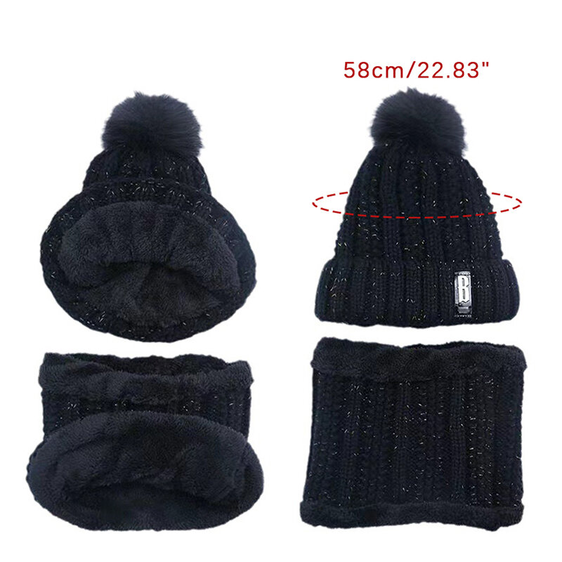 Conjunto de cachecol e chapéu de malha grossa feminino, Skullies quentes, gorros sólidos, neve ao ar livre, capota do esqui, menina, inverno