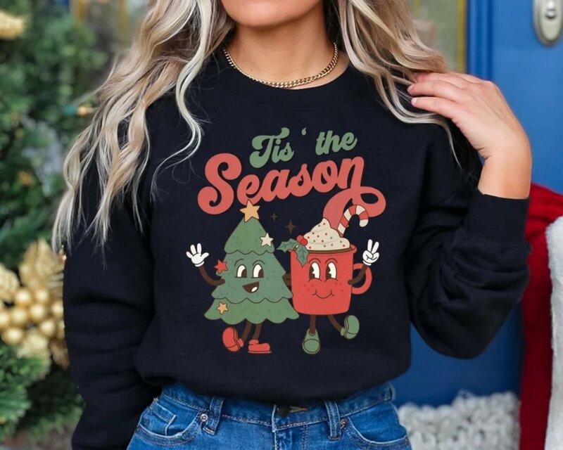 Tis die Saison Retro Weihnachten Sweatshirt Rundhals ausschnitt Weihnachten trend ige Pullover Top lustige Frauen kleider
