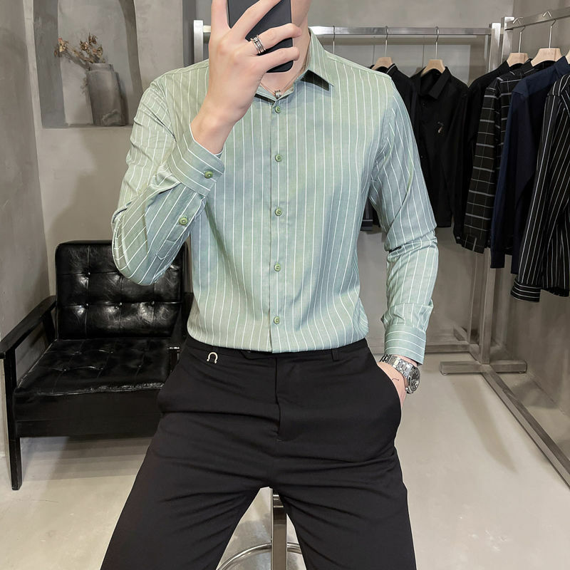Рубашка мужская в полоску, усовершенствованная модель, деловой повседневный топ с длинными рукавами, модная облегающая безглазная одежда, весна-осень