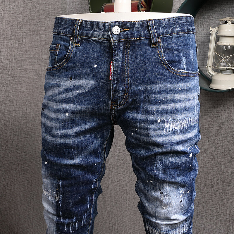 Streetwear modne dżinsy męskie niebieskie w stylu Retro rozciągliwe dopasowanie Fit porwane jeansy męskie malowane projektant Vintage casualowe spodnie jeansowe Hombre