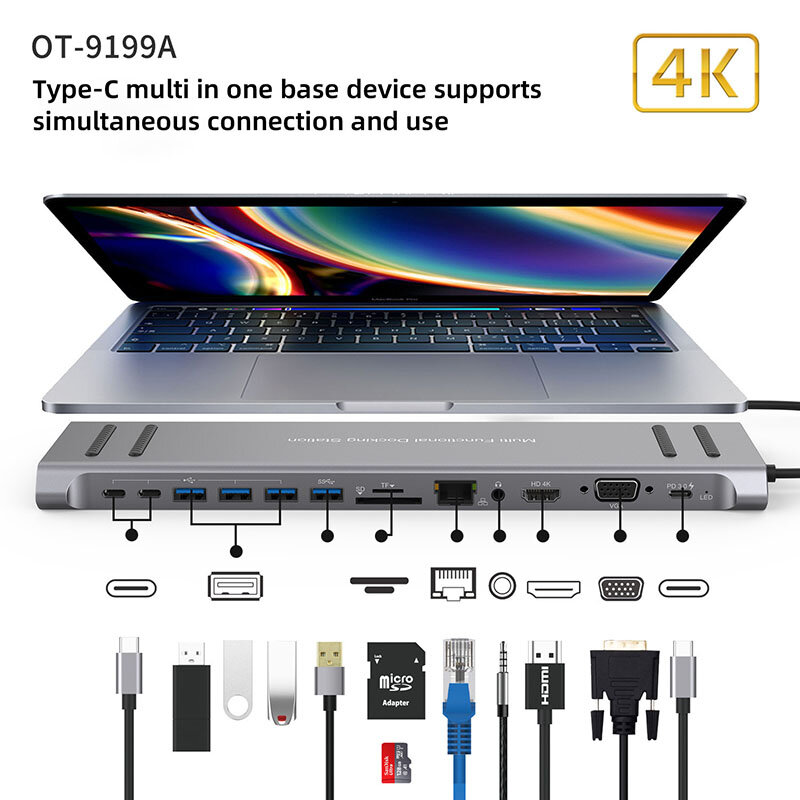 14 In 1 Type-C Laptop Docking Station Met Usb Hub Hdmi-Compatibel Vga Compatibel Pd Opladen Voor Laptops Macbook