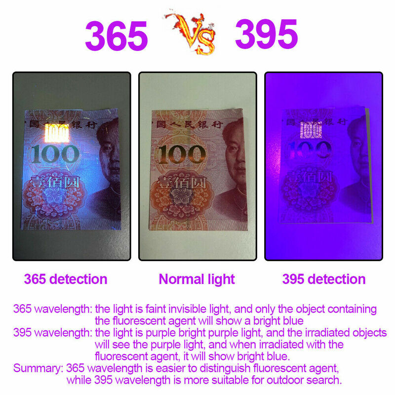UV Flashlight 365nm/395nm Ultra Violets Ultraviolet Lanterna Waterproof Invisible Torch for Pet Stains Hunting Marker Checker