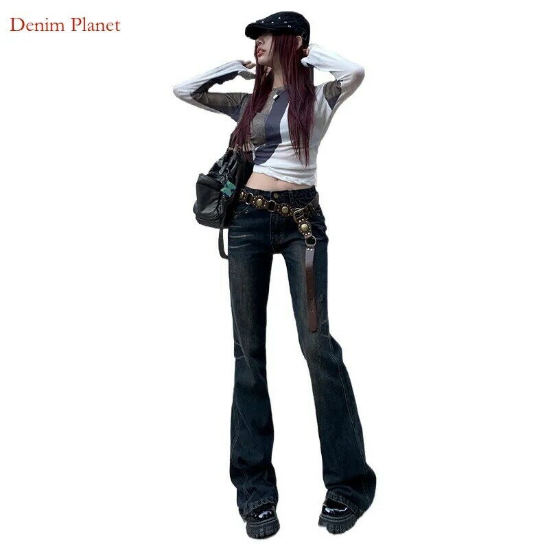 Denim Planet Spicy Girl Low Waist Micro Flared Jeans For Women's 2024 New Slim Fit Slimming And High Horseshoe Flare