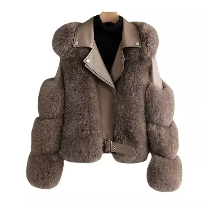 Manteau d'uniforme de moto en fourrure de renard pour femmes, manteau jeune, automne et hiver, nouveau, 2023