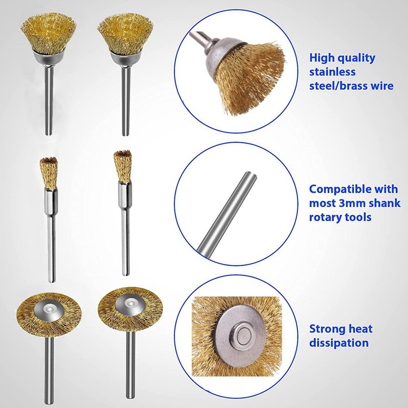 Hot 75 Pcs Brass Wire Brushes Set, Steel Wire Wheels Pen Brushes Set Kit Accessories For Rotary Tool-1/8 Inch(3Mm) Shank