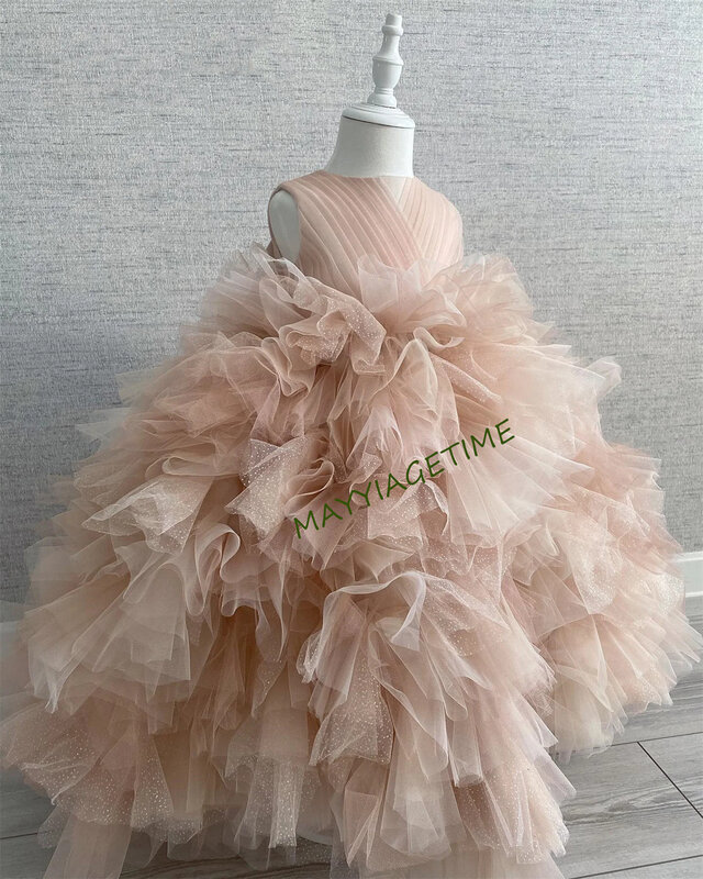 Puffy Tulle Flower abito da sera maniche in Chiffon abiti da festa abito da ballo rosa bambino ragazza abiti da sposa vestito da ragazza