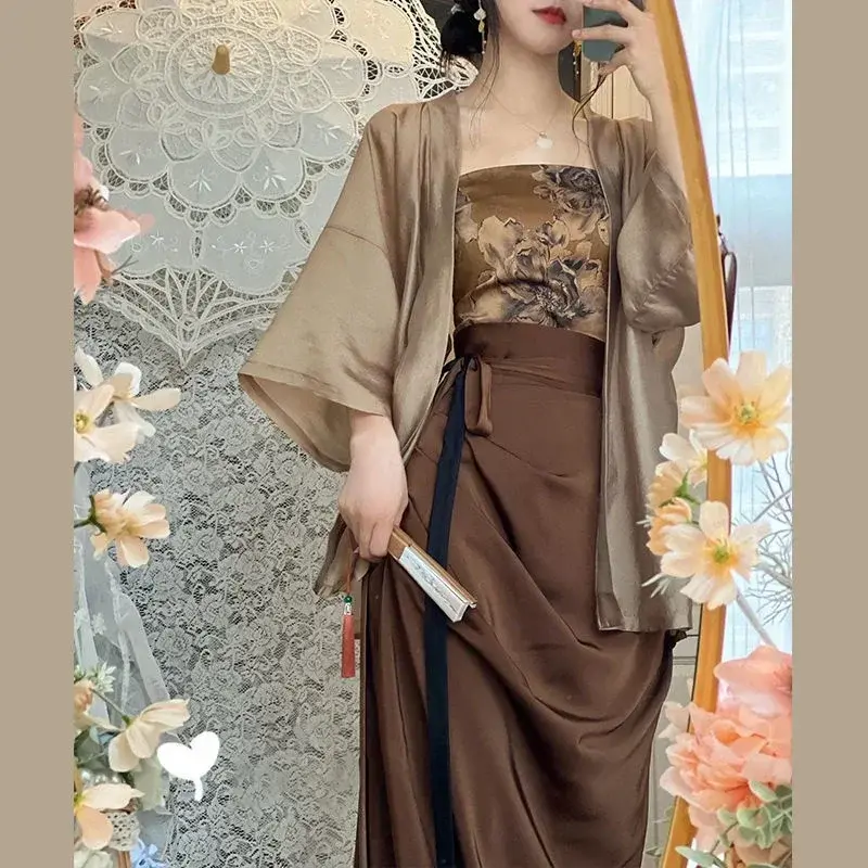 Chińskie tradycyjne Hanfu strój damska letnia luźny kardigan Retro + kamizelka zakrętka tubki + spódnica z wysokim stanem trzyczęściowy zestaw