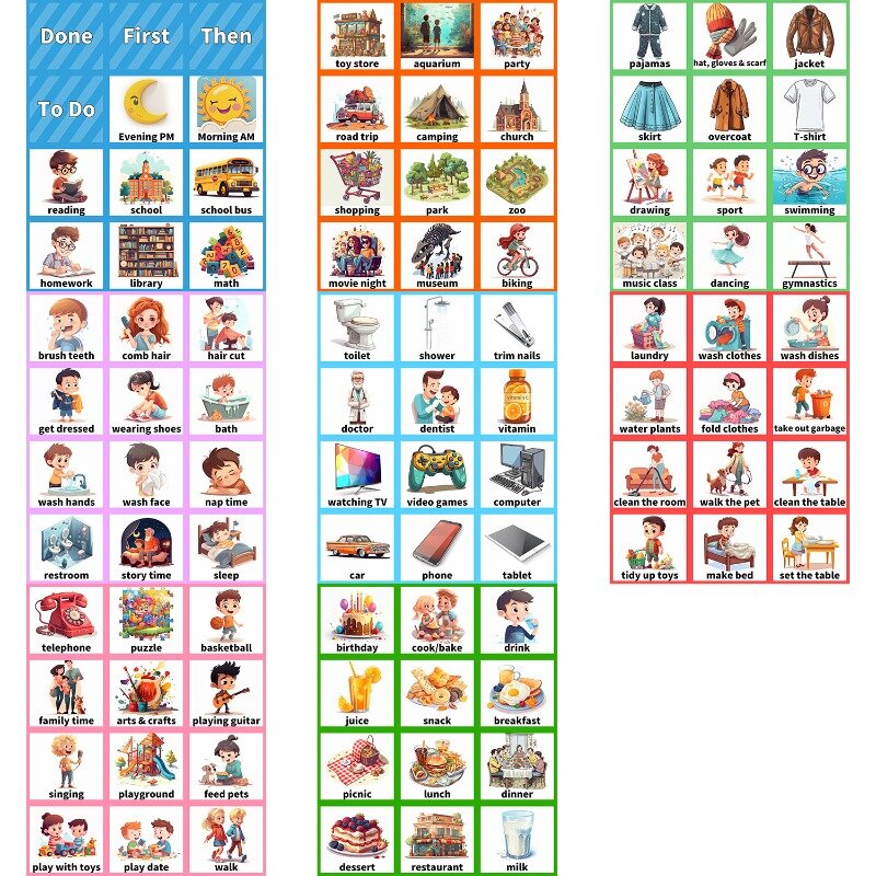 Nowy 96-częściowy harmonogram wizualny dla dzieci Codzienne karty rutynowe Wykres zadań domowych Dobre nawyki Gry szkoleniowe dla 3-6 lat Montessori