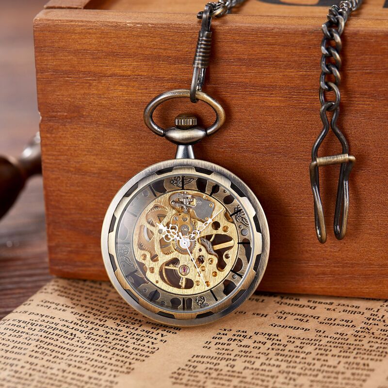 الرجعية Steampunk الهيكل العظمي الميكانيكية فوب ساعة الجيب ساعة قلادة قلادة اليد لف الرجال النساء سلسلة هدية