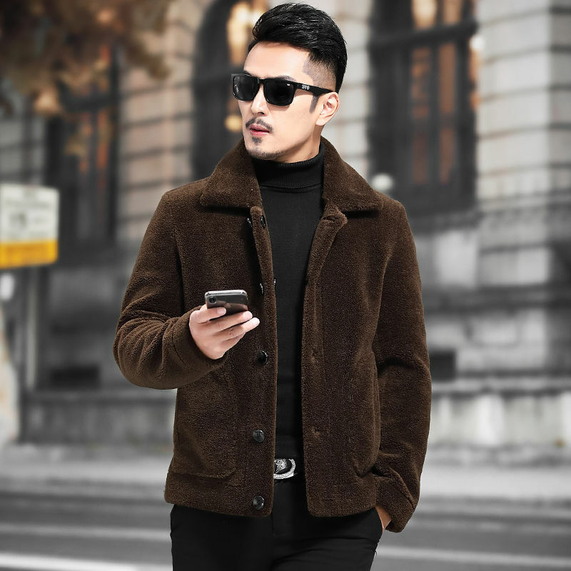 Men 2022 Winter Fashion Korean Genuine Lamb Fur Jackets Men's Short Pockets Lapel Overcoats Male Sheep Shearling Fur Coats N06