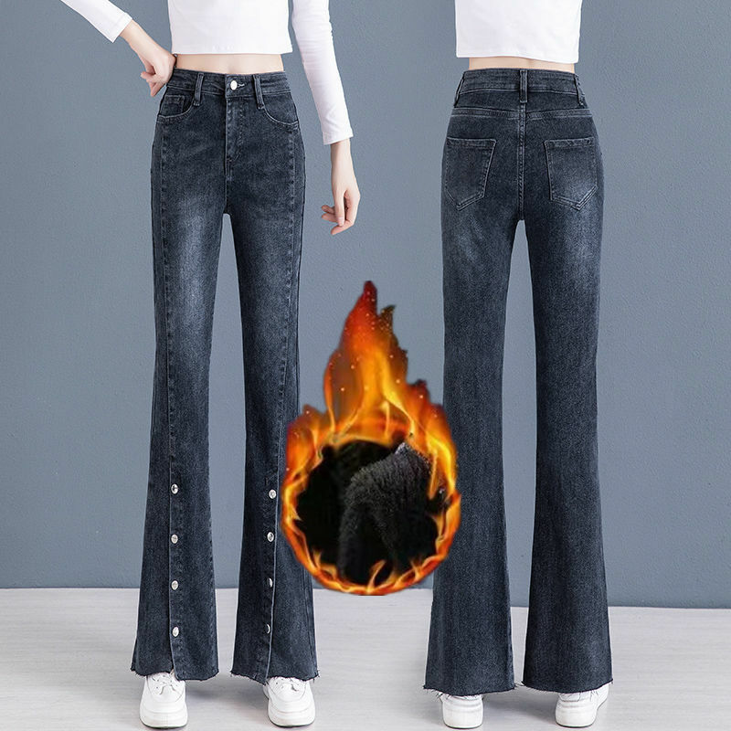 Plus Fluwelen Hoge Taille Split Jeans Dames Koreaanse Mode Winter Warme Denim Flare Broek Casual Stretch Baggy Enkellange Broek